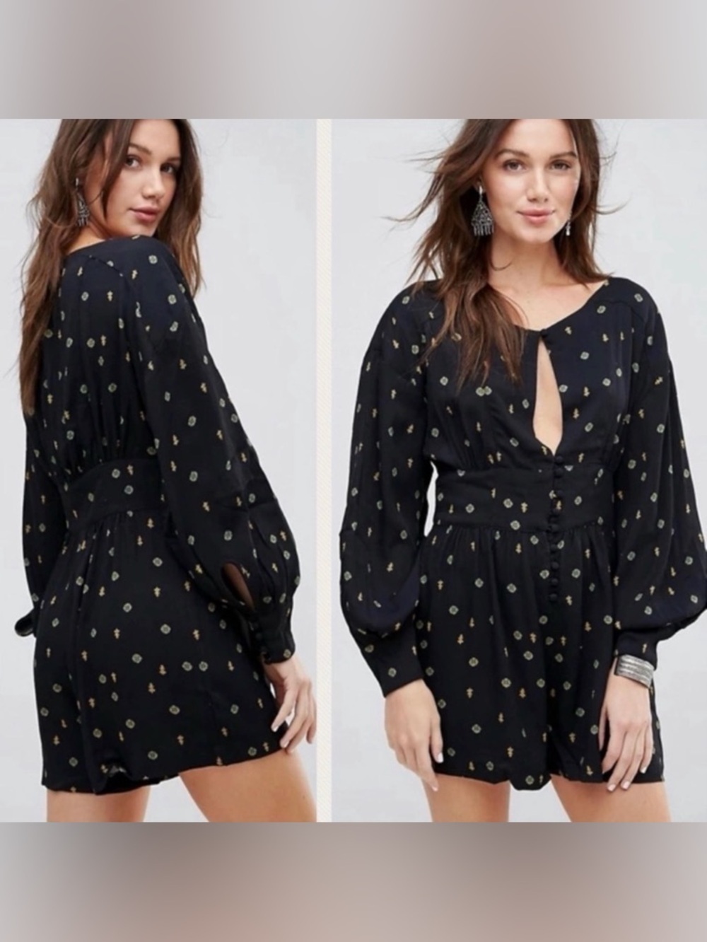Free People Love Grows Keyhole Romper Balloon Sleeve Black Small
